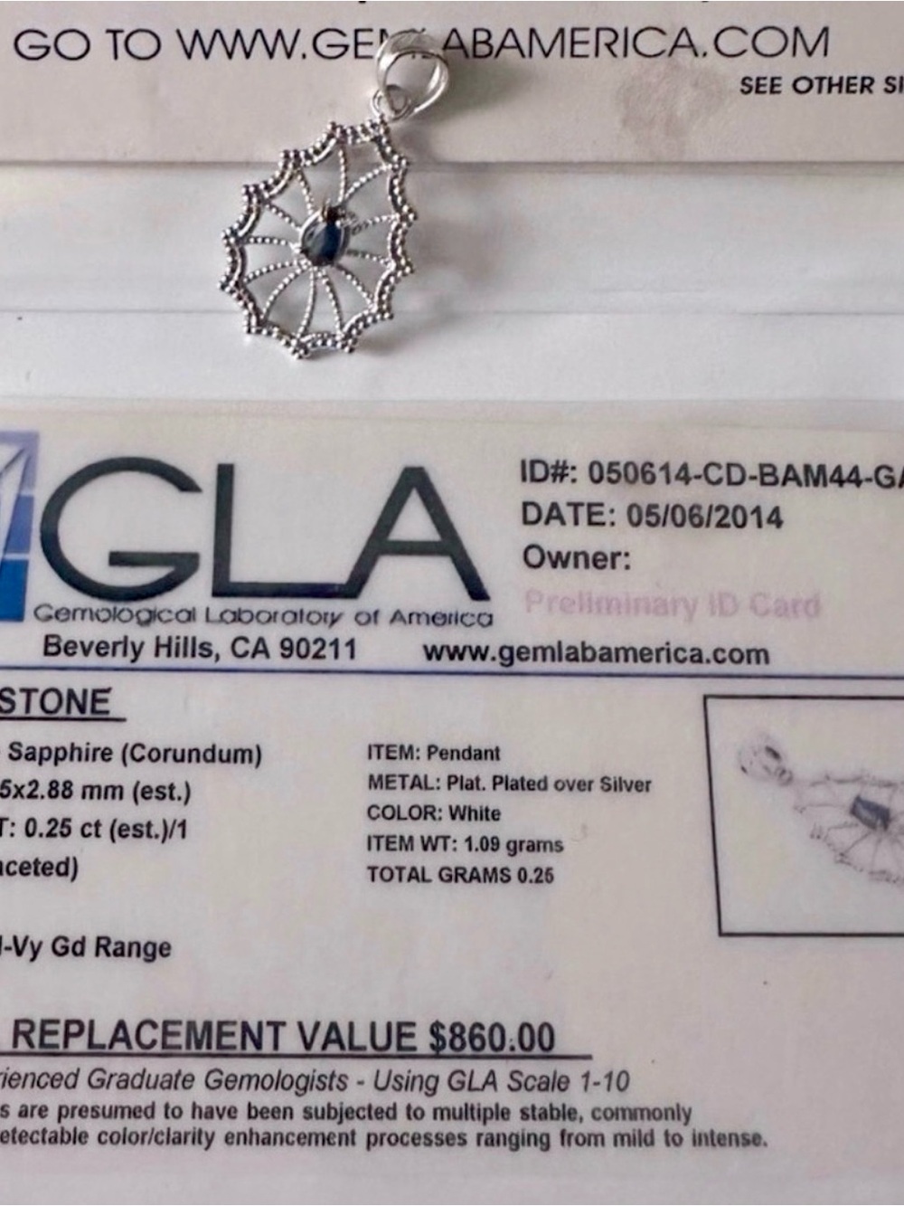 Genuine Blue Sapphire Spider Web Pendant GLA Certified Platinum Plated Silver